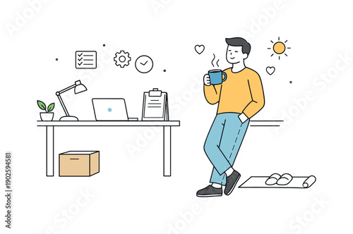 Work-life balance for small business owners. A person taking a short break with coffee near their workspace. Quiet pause moment showing