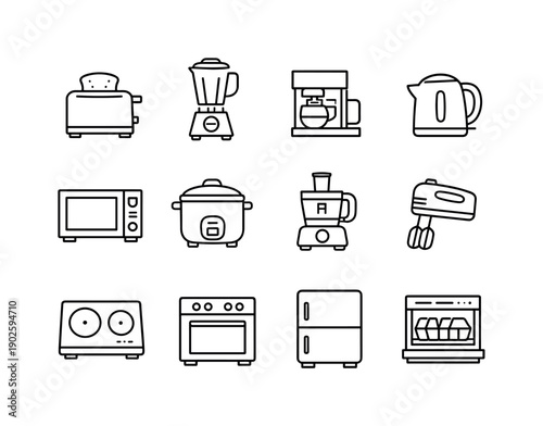 Minimal Kitchen Appliances. Line icon set of Minimal Kitchen Appliances: toaster, blender, coffee maker, electric kettle, microwave oven,