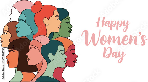 Happy women's day with diverse female profiles, a celebration of womanhood and global solidarity