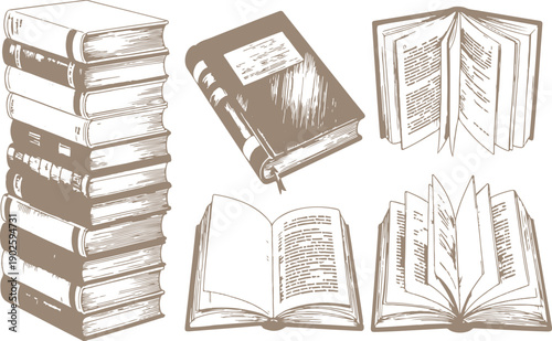 Vintage Book Collection Vector Stacked and Open Hand-Drawn Illustrations