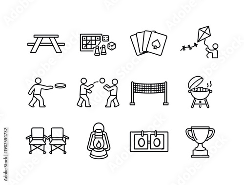 Family Outdoor Game Icons. Family outdoor games. Line icon set of Family outdoor games: picnic table, board game, playing cards, kite flying, frisbee throw,