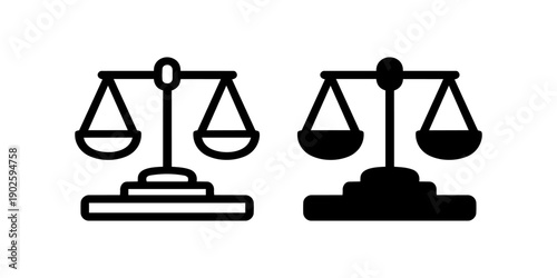 Justice scales icon set, black minimal law and legal balance symbols isolated on white background
