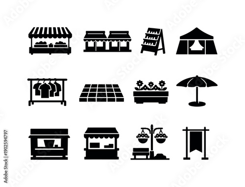 Outdoor Retail Zone. Solid icon set of outdoor retail zone: open air market, street retail row, sidewalk display, pop-up shop, outdoor rack,