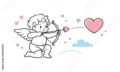 Cupid line drawings. Cupid aiming an arrow at a floating heart, capturing a moment of anticipation and romance. The mood is sweet, calm, and