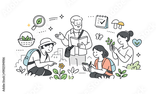 Foraging with group. Small group of people exploring edible plants in an urban green space, pointing and comparing notes, soft abstract icons