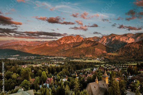 Tatra Mountains Panorama Above Traditional Mountain Village at Sunset, Poland