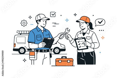 Field service technicians. Two technicians coordinating near a service vehicle, exchanging tools and confirming tasks. Calm teamwork in a