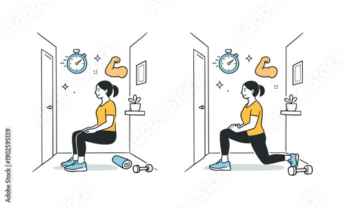 Hallway micro-workout setup. A person doing wall sits or lunges in a narrow hallway, subtle stopwatch and muscle icons floating, smart use of