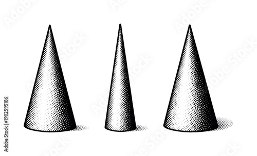 Minimal geometric cone illustrated as one solid cone object presented in three views: front view, side view, and three-quarter view defining