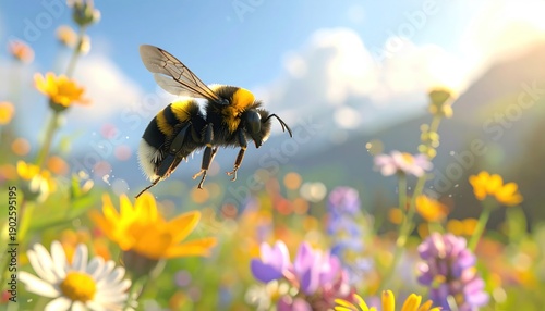 Bee in flight over flowers
