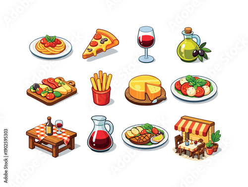 Italian Dinner with Wine. Colorful isometric vector icons set of italian dinner with wine: pasta plate, pizza slice, red wine glass, olive