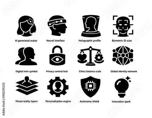Future of identity. Solid icon set of Future of identity: AI generated avatar, neural interface headband, holographic profile, biometric ID