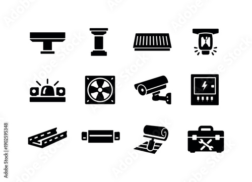 Garage Infrastructure. Solid icon set of Garage Infrastructure: concrete beam, support column, drainage grate, fire sprinkler, emergency