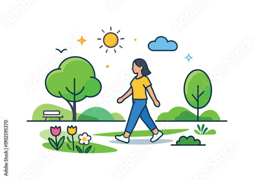 Spring park relaxation light walking moment with trees, flowers and open space, communicating balance, fresh air and positive everyday