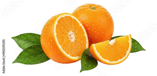 Fotografia Fresh orange fruit whole half and wedge with green leaves water drops isolated o