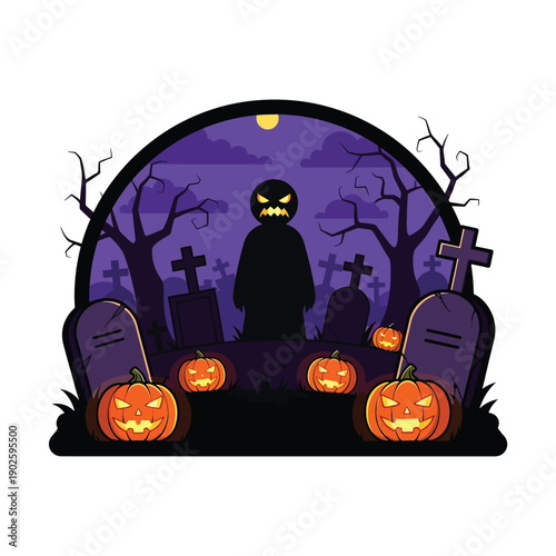 Halloween Pumpkins and Graveyard Scene Illustration.