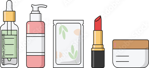 Skincare and Cosmetic Products Set with Serum Pump Bottle Face Mask and Lipstick Illustration