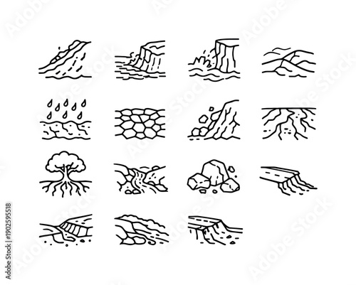 Erosion. Line icon set of Erosion: soil erosion slope, riverbank erosion, coastal erosion cliff, wind erosion dunes, rainfall erosion ground,