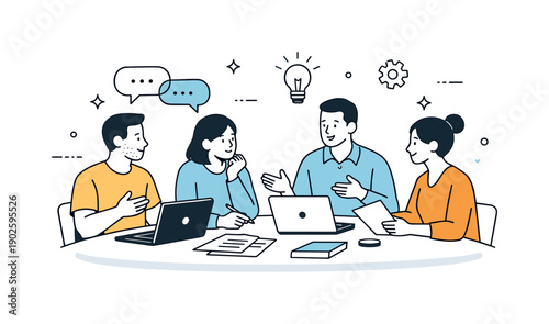 Office teamwork collaboration. A small team gathers around a table with laptops and documents, discussing ideas calmly. Focused collaboration