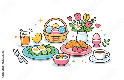 Easter brunch table a cheerful table setting with pastel plates, decorated eggs, fresh flowers, and light spring food, creating a warm and