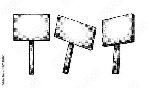 Comic halftone placard sign A single placard-style sign object shown in three views including straight-on view, tilted view, and