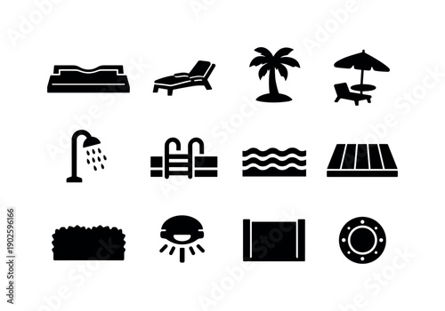 Luxury Pool Icons. Luxury backyard pool. Solid icon set of Luxury backyard pool: modern pool, infinity edge, sun lounger, palm tree, pool umbrella, outdoor