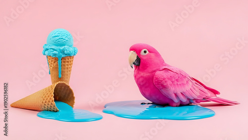 Pink Parrot Sitting in Melted Ice Cream with Blue Scoop on Pastel Background, Surreal Concept