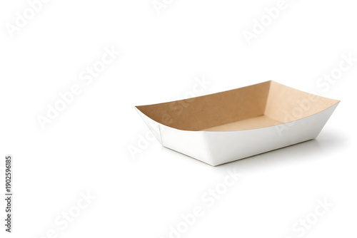 Empty white paper food tray on white background.
