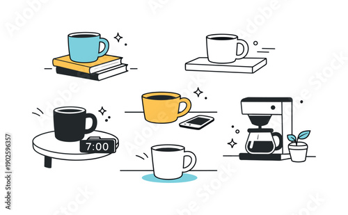 Cups left on surfaces. Several cups scattered across different surfaces in one scene, each slightly different in shape. Silent rhythm of