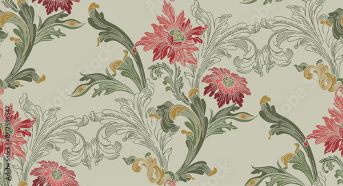 Pattern of flowers and leaves with elements of gothic ornament in vintage style