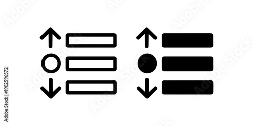 Sort order icon set with up and down arrows, black minimal list arrangement symbols isolated on white background