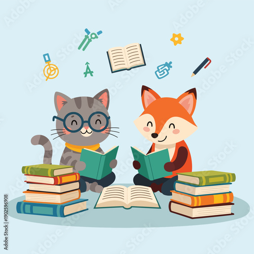 Cat and Fox Reading Together