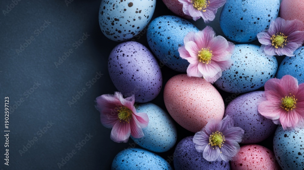 Obraz premium Group of colorful speckled eggs and gentle pastel flowers creating a festive spring celebration theme