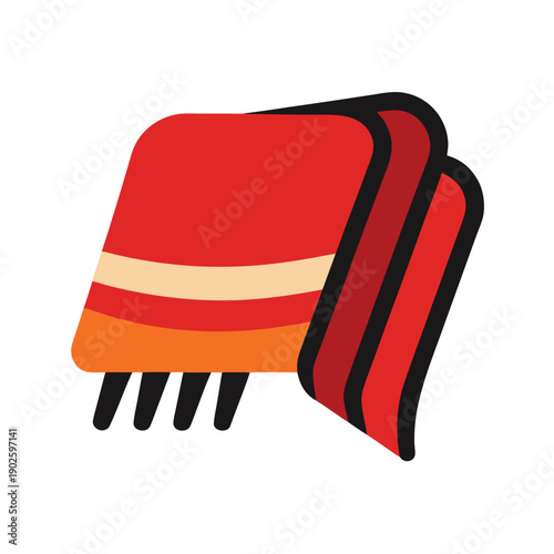 Isolated vector illustration of an abstract red and white shield symbol with a ribbon flag and gift box color objects on paper background