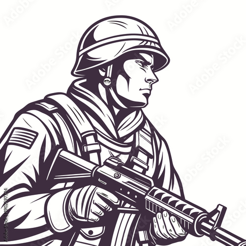 American soldier in helmet holding rifle military army