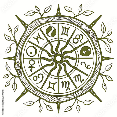 Astrology symbols carved on wooden textured circle with leaves