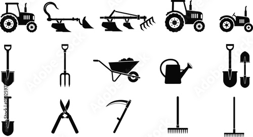 Set of agriculture farming and gardening equipment icons including tractors plows wheelbarrow shovel pitchfork watering can scythe rake and garden shears