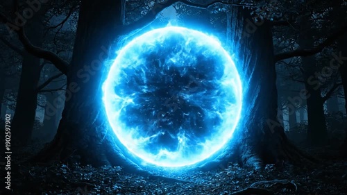 Enigmatic blue energy portal pulsating with ethereal light within a mystical, shadowy forest, a gateway to unknown realms and magical adventures