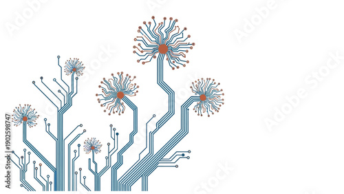 Technology Tree Growth Vector Illustration. Abstract Electronic Circuit Board Plants on White Background. Digital Nature and Bio-Computing Concept.