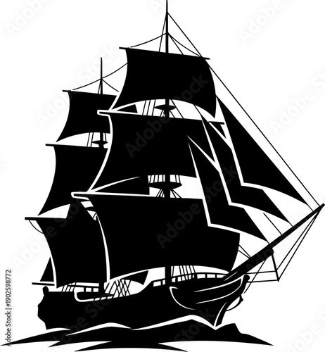 Old sailing ship with all sails set black silhouette isolated on transparent background