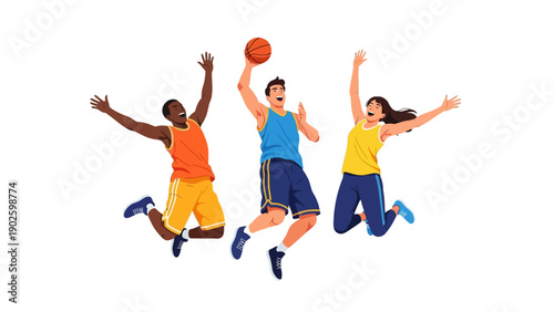 Group of Diverse Young People Jumping with Basketball, Celebrating Victory and Sport Success. Vector Illustration Isolated on White Background.