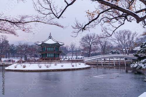 Wallpaper Mural Snow during winter. Pavilion.  Palace, Is one of the most popular tourist attractions in South Korea. Torontodigital.ca