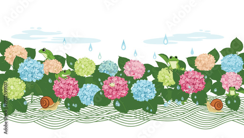 Beautiful rainy season landscape featuring blooming pink and blue hydrangeas with small green frogs and snails crawling on leaves.