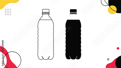 Graphic illustration showing a line drawing and a solid black silhouette of a standard plastic water bottle on a modern background.