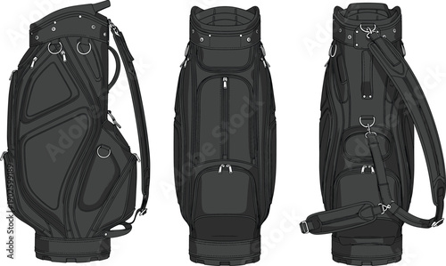 Technical fashion flat sketch of a professional black golf bag, multiple views with pockets, shoulder straps, gear storage, sports accessory template