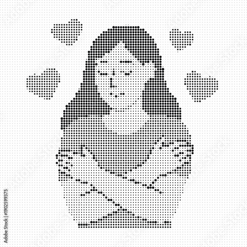 Matryoshka doll illustration made of black dots, Russian doll silhouette dot art