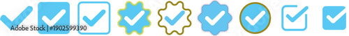 Collection of blue checkmark icons in various shapes and styles check mark tick.