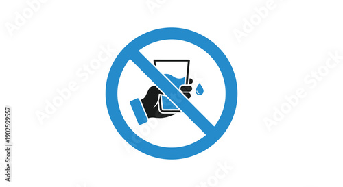 A bright blue prohibition sign depicts a black silhouette of a hand holding a smartphone with a falling water droplet