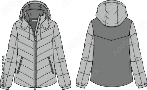 Technical flat sketch of a women's hooded puffer jacket with chevron quilting, front and back view, winter outerwear fashion template