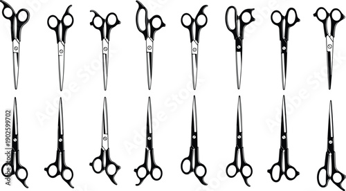 Scissors collection artwork, cutting tools design, handle blade variations, professional scissors set, tailoring equipment illustration, black and white art, flat vector illustration